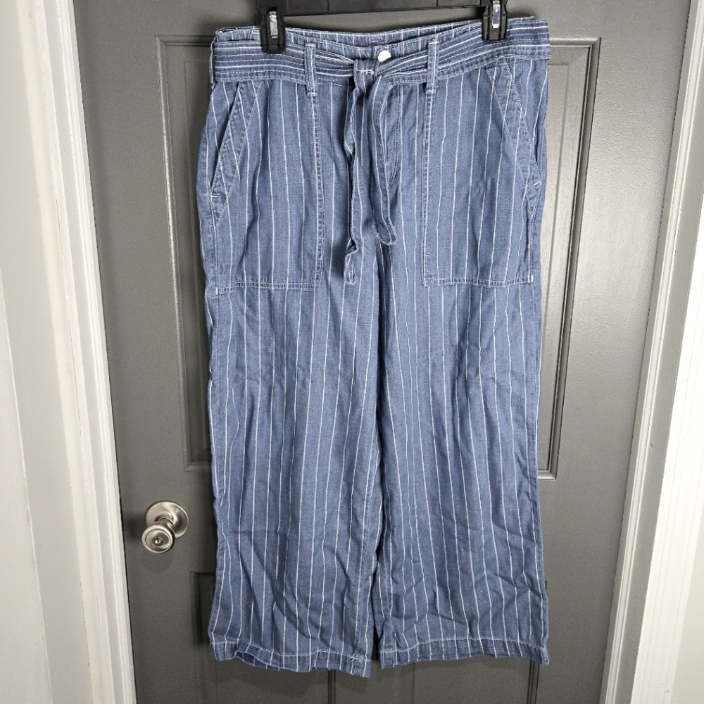 Striped Chambray Cropped Wide Leg Pants
